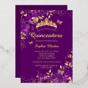 Bloemrijke Paarse Vlinder Gouden Quinceanera Folie Uitnodiging