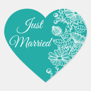 Bloemrijke Pas Getrouwd Madeliefjes Blauw Turquois Hart Sticker