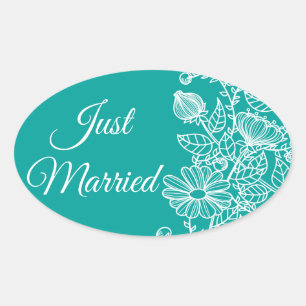 Bloemrijke Pas Getrouwd Madeliefjes Blauw Turquois Ovale Sticker