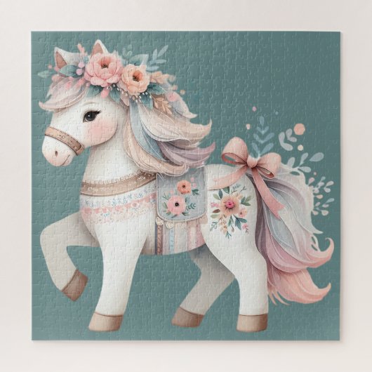 Bloemrijke Pastel Paard Fantasie Illustratie Legpuzzel (Verticaal)