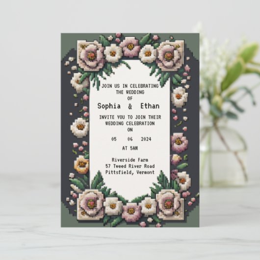 Bloemrijke Pixel Art bruiloft uitnodiging (Staand voorkant)