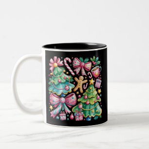 Bloemrijke Preppy Kerstboom Strik Coquette Roze Bl Tweekleurige Koffiemok