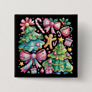 Bloemrijke Preppy Kerstboom Strik Coquette Roze Bl Vierkante Button 5,1 Cm