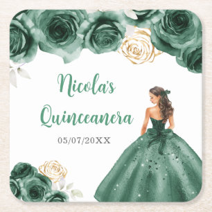Bloemrijke Prinses in Donkergroene Jurk Quinceaner Kartonnen Onderzetters