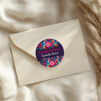 Bloemrijke Quinceanera Paarse Mexicaanse Fiesta Ronde Sticker