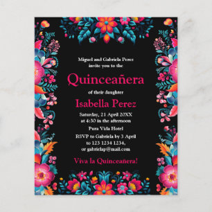 Bloemrijke Quinceanera Zwarte Mexicaanse Feest Ver Flyer