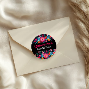 Bloemrijke Quinceanera Zwarte Mexicaanse Feestdag Ronde Sticker