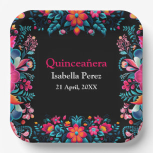 Bloemrijke Quinceanera Zwarte Mexicaanse Verjaarda Papieren Bordje
