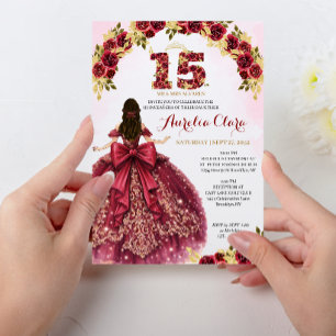Bloemrijke rode prinsessenjurk Coquette Quinceaner Kaart