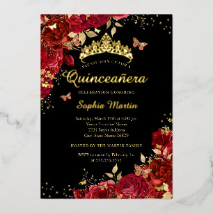 Bloemrijke Rode Vlinder Elegante Gouden Quinceaner Folie Uitnodiging