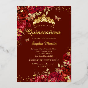 Bloemrijke Rode Vlinder Elegante Quinceanera Folie Uitnodiging
