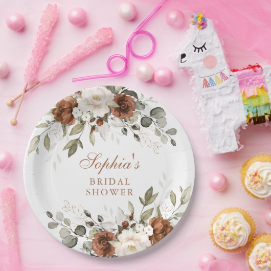 Bloemrijke Roestkleurige Crème Groene Goud Kleur B Papieren Bordje (Feest)