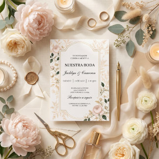 Bloemrijke Romantische Beige Botanische Bruiloft Kaart