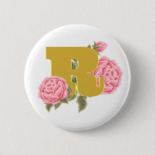 Bloemrijke Roos Initiële Letter Monogram Naam Kopp Ronde Button 5,7 Cm (Voorkant)