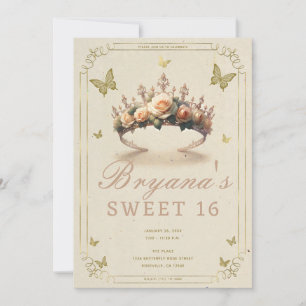 Bloemrijke Roos Tiara & Gouden Vlinders Sweet 16 Kaart