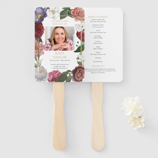 Bloemrijke rouwfoto volgorde van dienst programma handwaaier (Voorkant en achterkant)