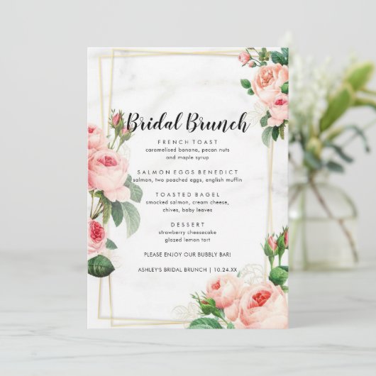 Bloemrijke Roze Blush Bruids Brunch Menu (Staand voorkant)