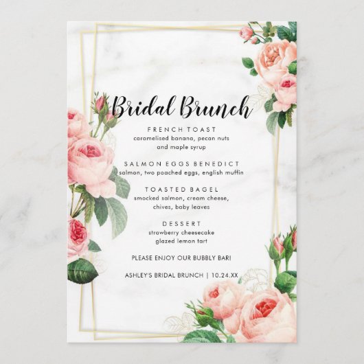 Bloemrijke Roze Blush Bruids Brunch Menu (Voorkant)