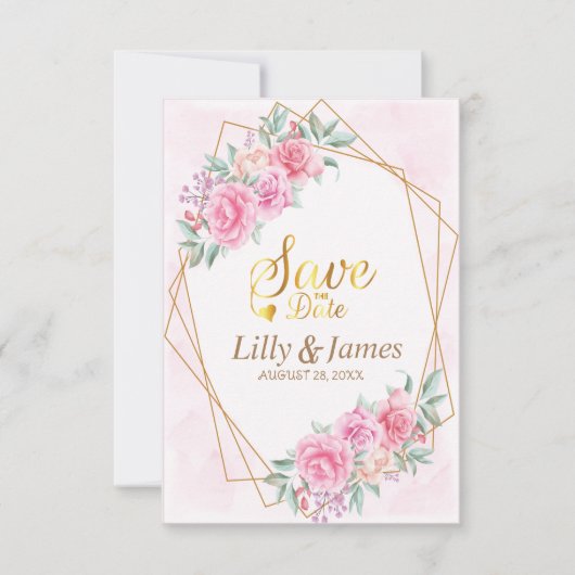 Bloemrijke Roze Bruiloft Save The Date (Voorkant)