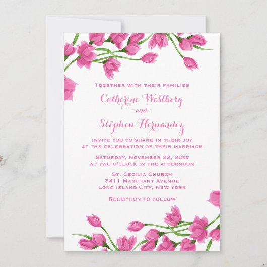 Bloemrijke Roze En Witte Bloemen Fuchsia Bruiloft Kaart (Voorkant)