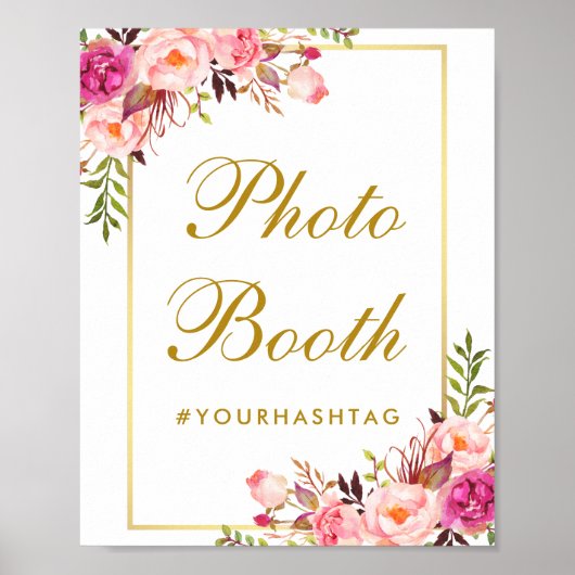 Bloemrijke Roze Gouden Bruiloft Fotohokje Poster (Voorkant)