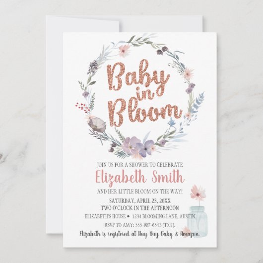 Bloemrijke Roze Gouden Glitter Baby In Bloom Feest Kaart (Voorkant)