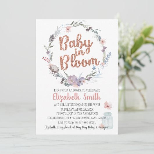 Bloemrijke Roze Gouden Glitter Baby In Bloom Feest Kaart (Staand voorkant)