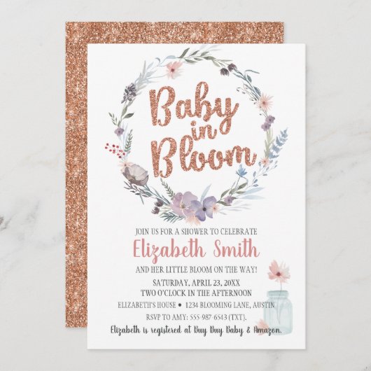 Bloemrijke Roze Gouden Glitter Baby In Bloom Feest Kaart (Voorkant / Achterkant)