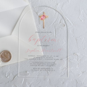 Bloemrijke Roze Gouden Rozen Kruis Script Meisje D Acryl Uitnodigingen