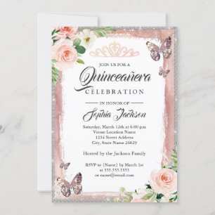 Bloemrijke Roze Gouden Vlinder Glitter Quinceanera Kaart