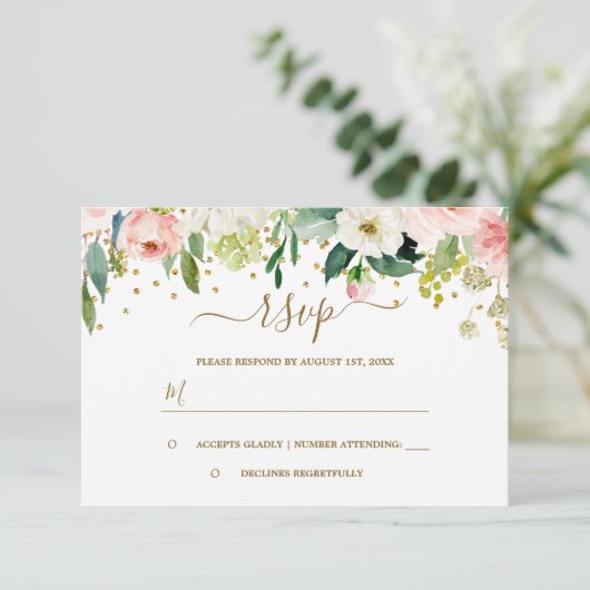Bloemrijke Roze Perzik Gouden Confetti RSVP (Staand voorkant)