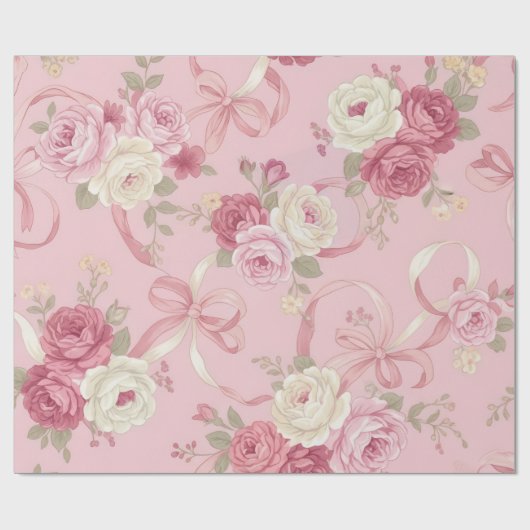 Bloemrijke Rozen & Lint Strikken Inpakpapier (Vlak)