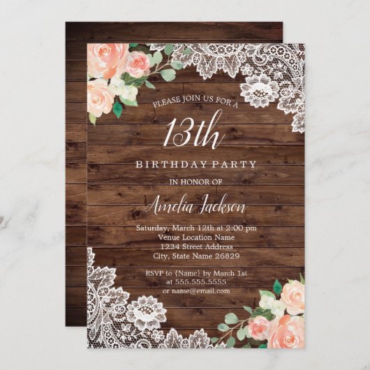 Bloemrijke rustieke houten kant 13e verjaardag uit kaart (Voorkant / Achterkant)