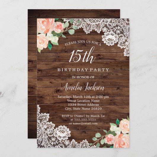 Bloemrijke Rustieke Houten Kant 15e Verjaardagsuit Kaart (Voorkant / Achterkant)