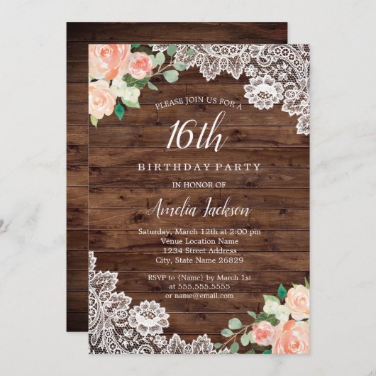 Bloemrijke rustieke houten kant 16e verjaardag uit kaart (Voorkant / Achterkant)