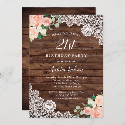 Bloemrijke rustieke houten kant 21e verjaardag uit kaart (Voorkant / Achterkant)