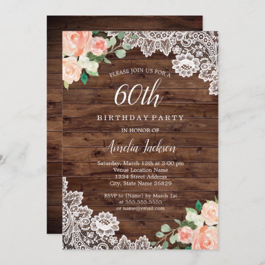 Bloemrijke rustieke houten kant 60e verjaardag uit kaart (Voorkant / Achterkant)