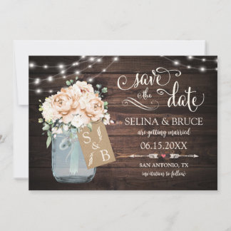 Bloemrijke Rustieke Houten Save the Date Uitnodigi Kaart