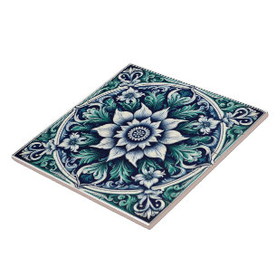 Bloemrijke Rustieke Indigo Groen Blauw Azulejos Tegeltje