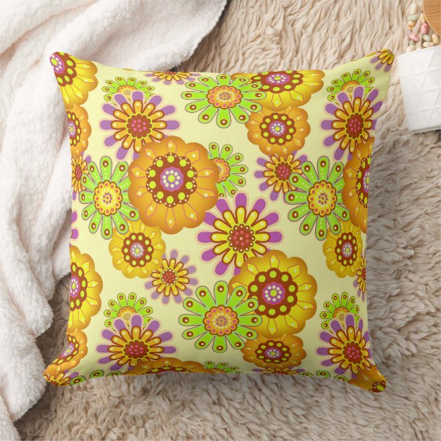 Bloemrijke rustieke retro geel en groen kussen (Deken)