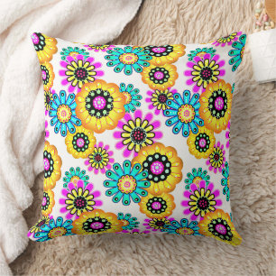Bloemrijke rustieke retro geel en turquoise kussen
