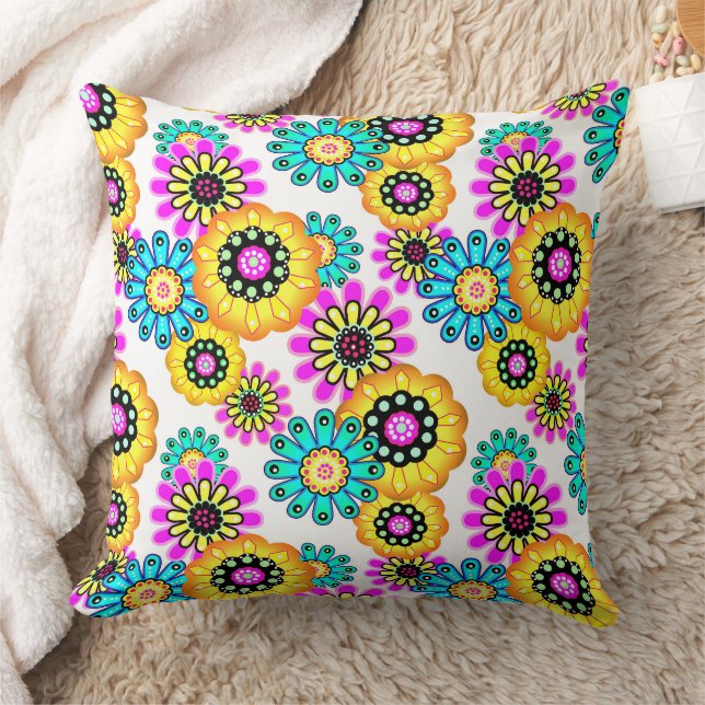 Bloemrijke rustieke retro geel en turquoise kussen (Deken)