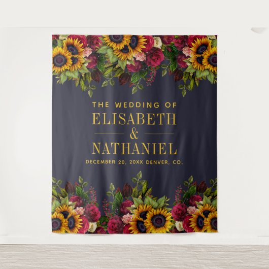 Bloemrijke rustieke trouwfoto booth marineblauwe a wandkleed (Voorkant)