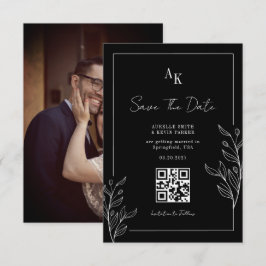 Bloemrijke Rustieke Zwarte Elegante Foto Achter QR Save The Date