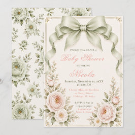 Bloemrijke Saliegroene Coquette Strik Baby Shower Kaart