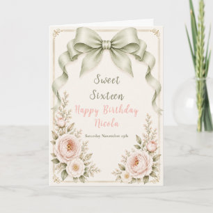 Bloemrijke Saliegroene Coquette Strik Sweet Sixtee Kaart