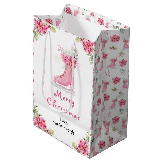 Bloemrijke Schaats Roze Kerstmis Medium Cadeauzakje (Voorkant Gekanteld)
