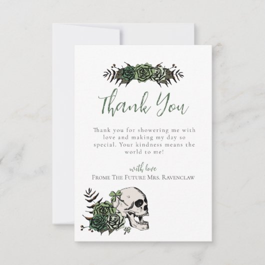 Bloemrijke Schedel Groene Rozen Gotische Trouw Bru Bedankkaart (Voorkant)