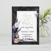 Bloemrijke Schedel Halloween Bruiloft Save The Date (Staand voorkant)