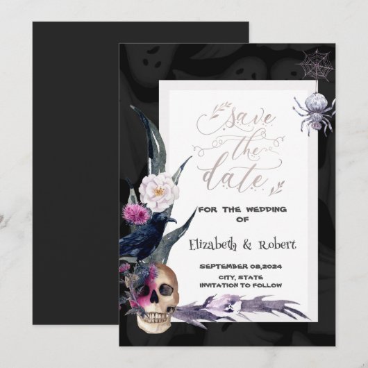 Bloemrijke Schedel Halloween Bruiloft Save The Date (Voorkant / Achterkant)
